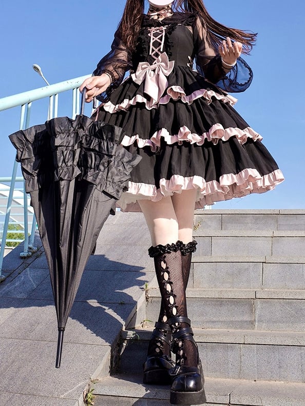 Lace-Up Detail Sweet Jumper Skirt Tiered Skirt Dress/Full Set Long Version