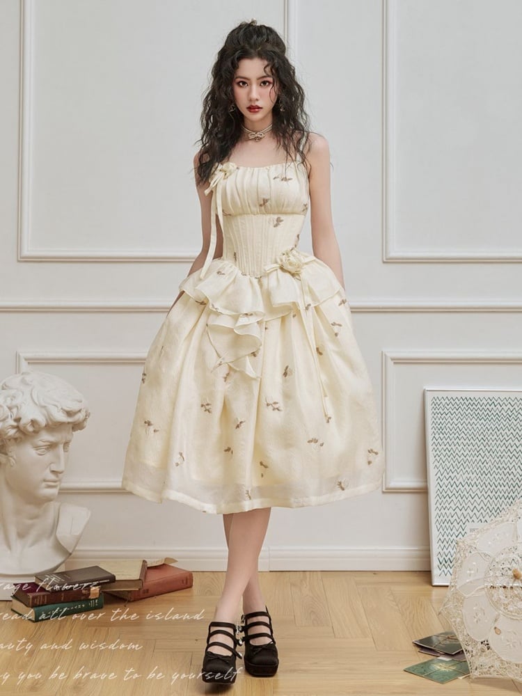 Light Yellow Floral Pattern Boned Bodice Jumper Skirt with Rosette Brooches Long Version