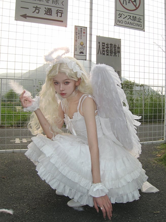 White Sweetheart Neckline Boned Bodice Balletcore Jumper Skirt Tiered Ruffles with Big Bow