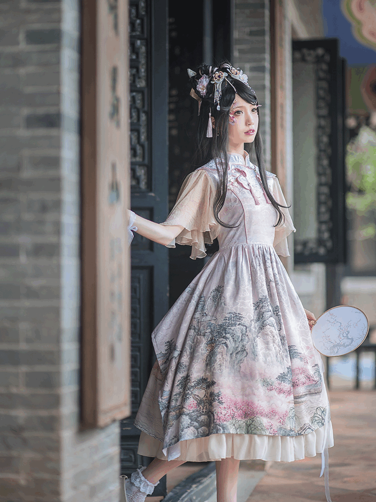 In Stock Mountains-and-waters Painting Print Irregular Hem Chinoiserie Style Short Sleeves One Piece