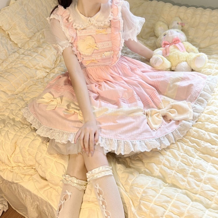 In Stock Bowknot High Waist Ruffle Hem Jumper Skirt