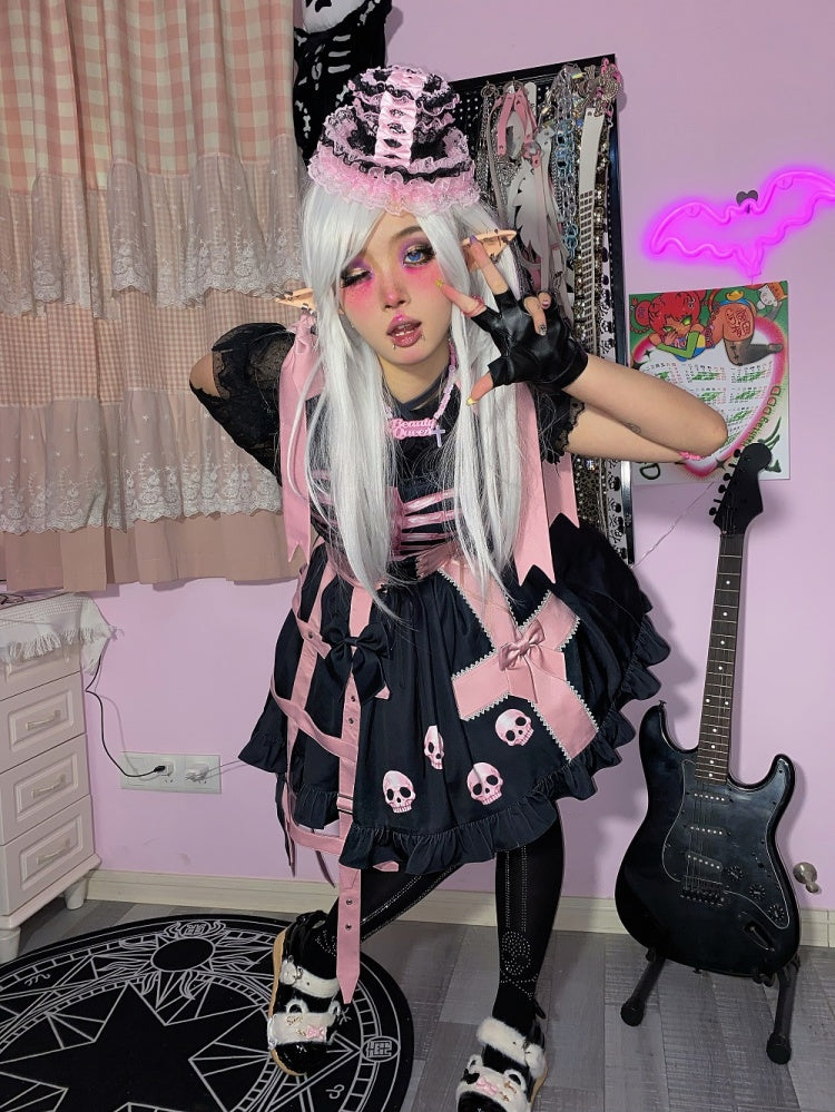 In Stock Dark Birdcage Skull Print Bowknot High Waist Lolita JSK