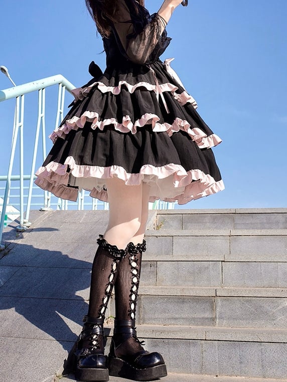 Lace-Up Detail Sweet Jumper Skirt Tiered Skirt Dress/Full Set Long Version