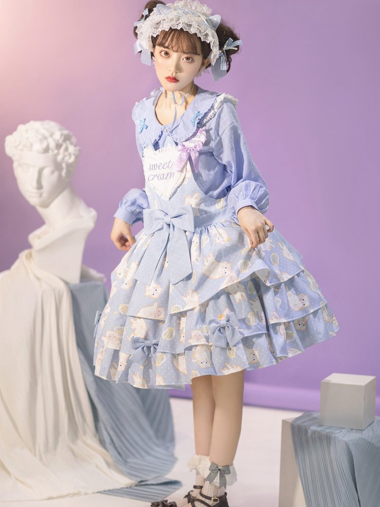 In Stock Kitty Print Bowknot Details Tiered Ruffle Hem Overall Dress
