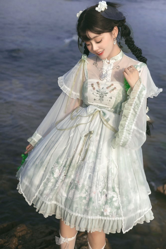 Swan Castle Print Green Qi Style Jumper Skirt/Full Set Embroidery Ruffle Hem