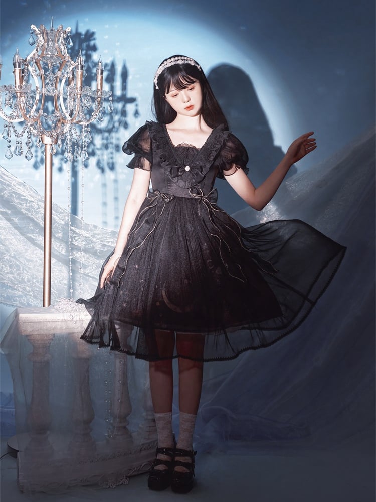 Sweet Bowknot Details Ruffle Neckline Beads Halter Neck Short Puff Sleeves One Piece