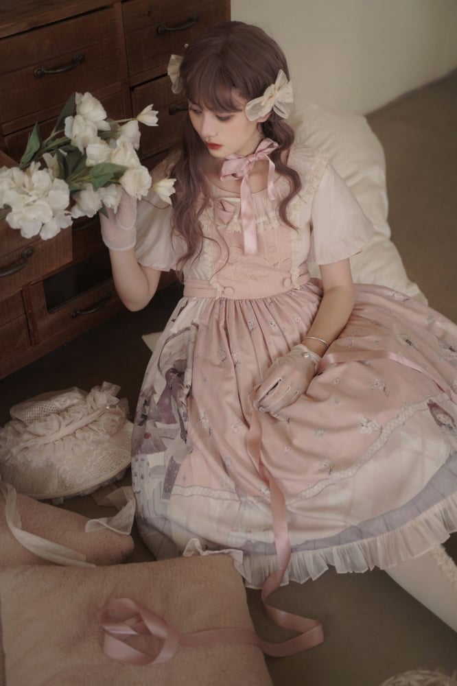 Spring Curtain Country Style Little Girl Print Embroidery Round Neck Bowknot Details Short Sleeves One Piece