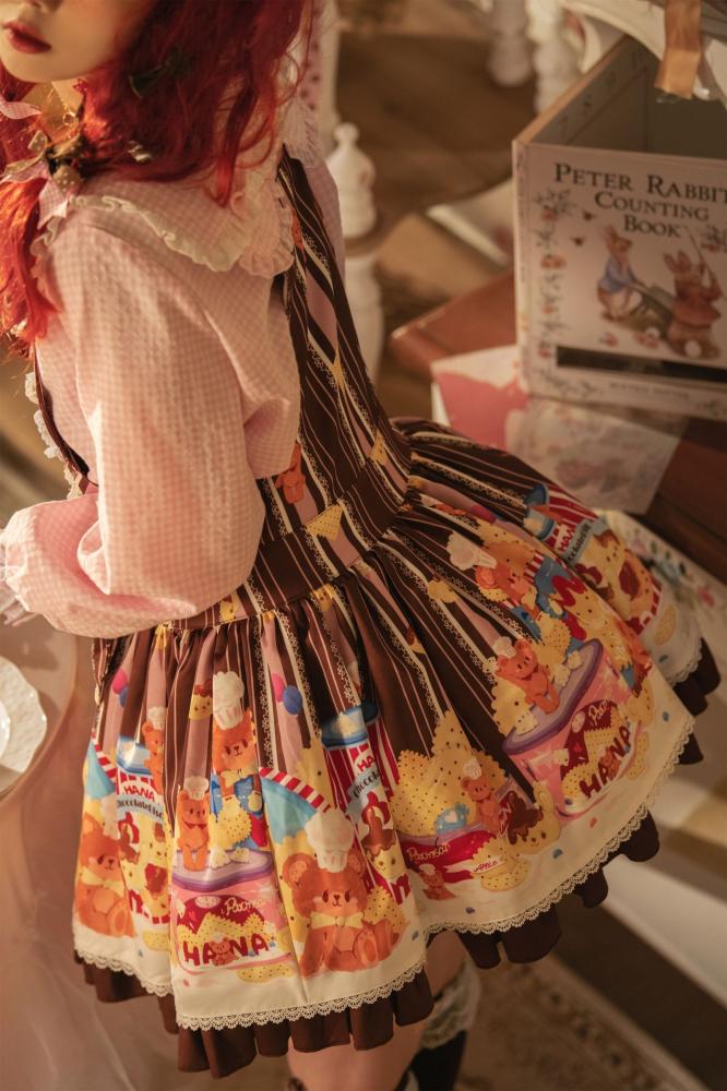 Little Bear and Pot Built-in Petticoat Bear and Biscuit Print Overalls