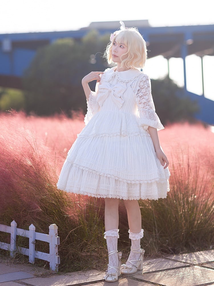 Dawn Tower Color White Big Bow Bodice High Waist Jumper Skirt