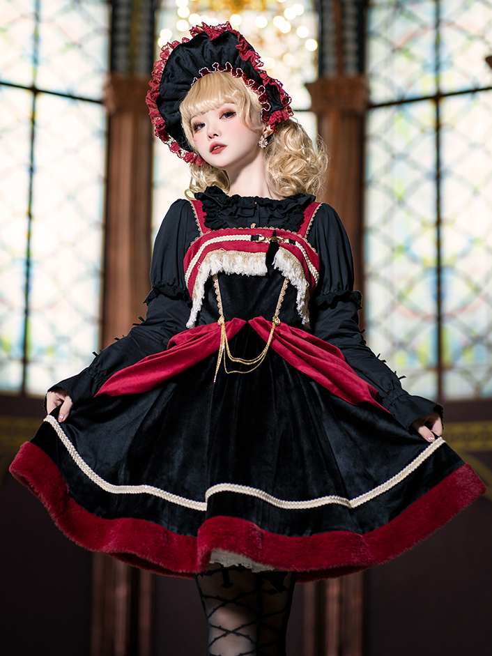 Letter and Poetry Black and Red Plush Hemline Velvet Lolita JSK