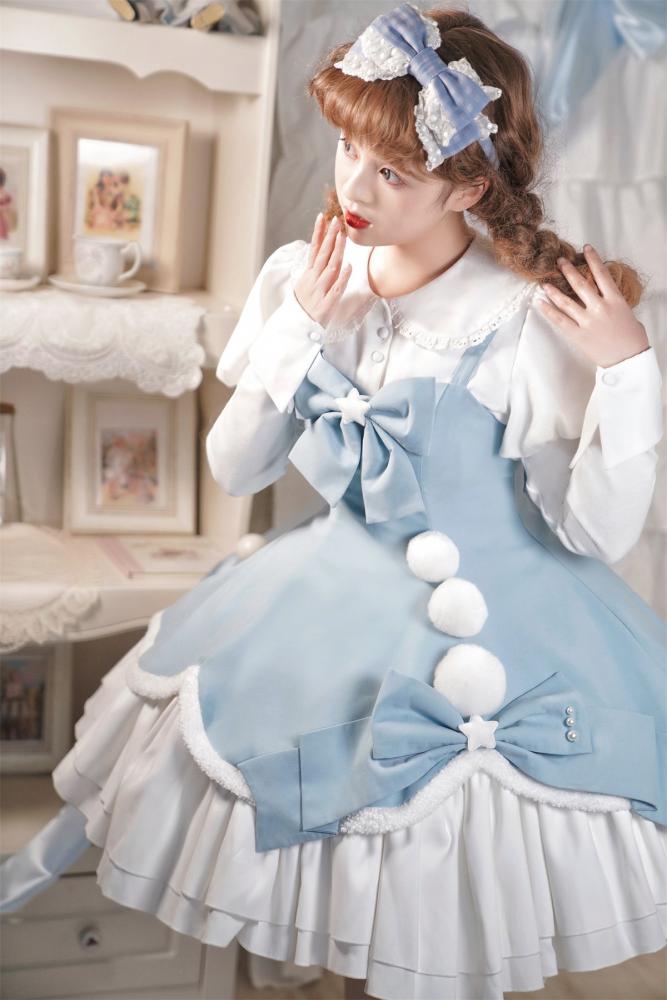 Winter Fairy Tale White and Blue Pompons Bowknot Details Jumper Skirt