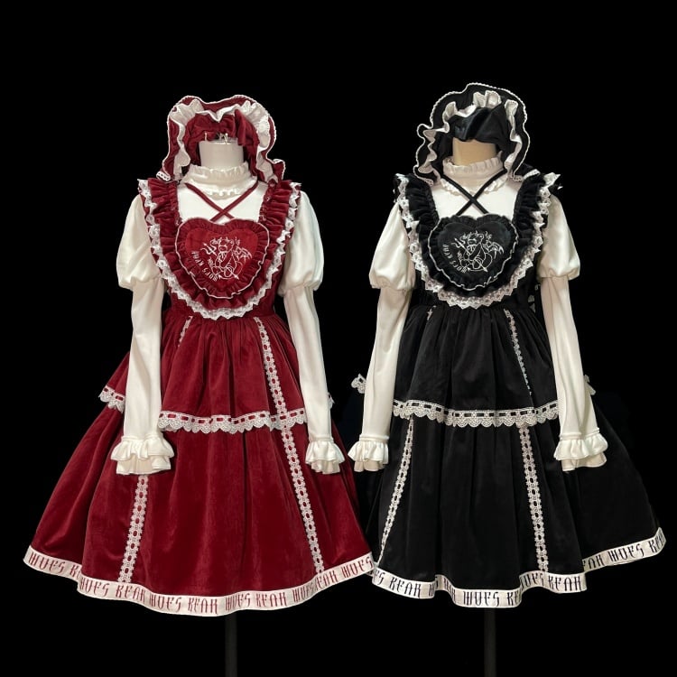 In Stock Runaway Bear Emboridery Heart-shaped Neckline Letter Print Hemline Velvet Jumper Skirt