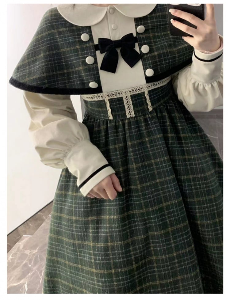 Southern Theater Green Plaid Pattern Peter Pan Collar OP