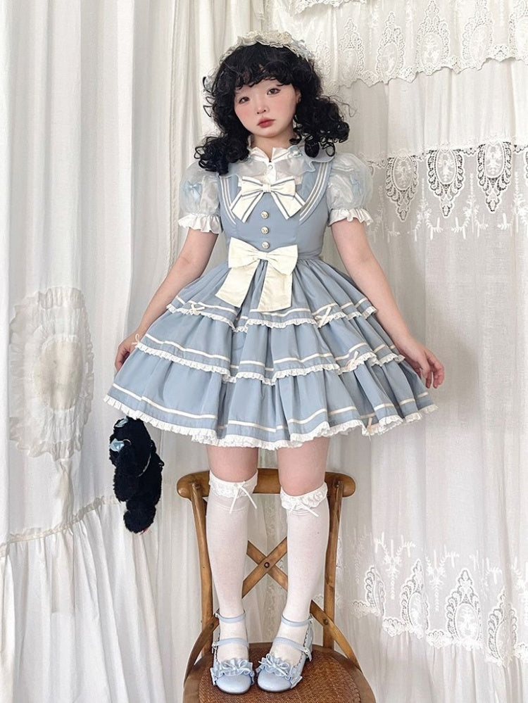 Untitled Sea Breeze Light Blue Sailor Lolita Tiered Skirt Jumper Skirt