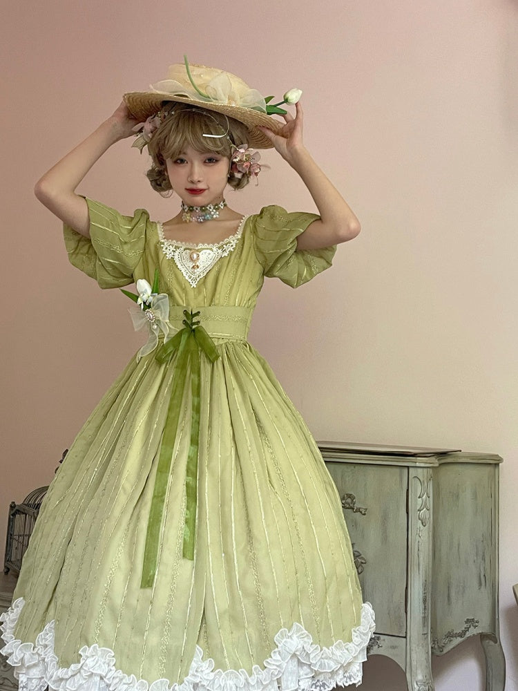 Tulip 1.0 Tiered Skirt and Ruffle Trim Short Sleeves One Piece Version A (Lace Applique Neckline)/Version B