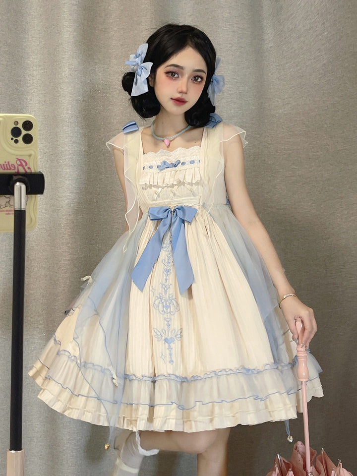 Hebe's Tears Beige and Blue Short/Long Version Square Neckline Jumper Skirt Set