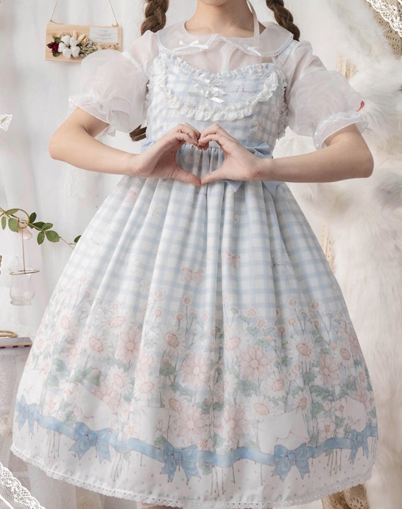 Margaret Floral Print Bowknot Details Gingham Pattern V-neck Jumper Skirt