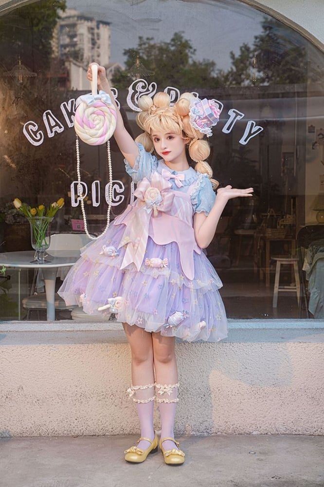 Rainbow Candy Stars Print Lollipop Design Lolita JSK+Brooches+Big Bow Train Set