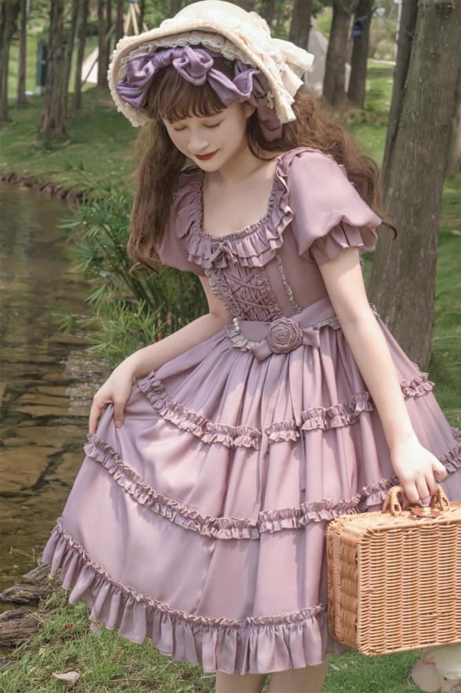 Square Neckline Smocked Elastic Front Bodice Ruffle Hemline Long/Short Sleeves Lolita OP