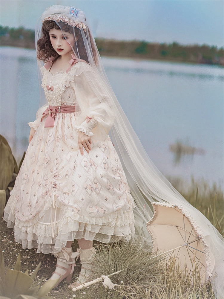 Time Letter Paper Floral Print Bowknot Details Drawstring Ruffle Hem Long Sleeves One Piece