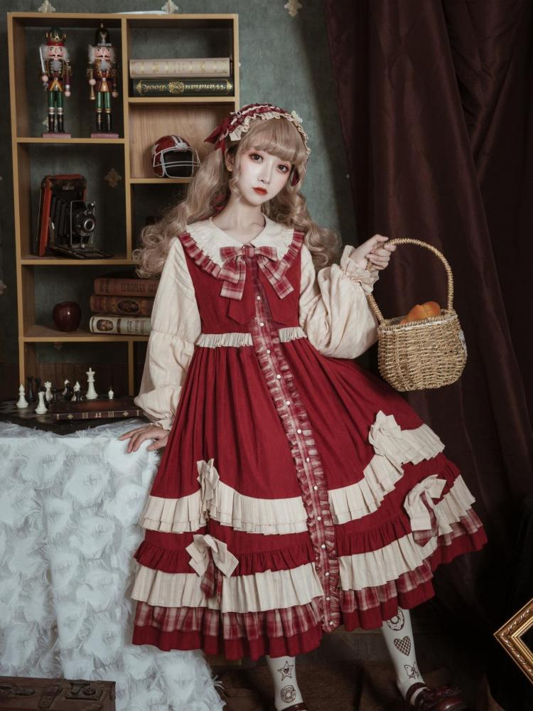 Peter Pan Collar Red Plaid Pattern Bowknot Details Long Sleeves Lolita OP
