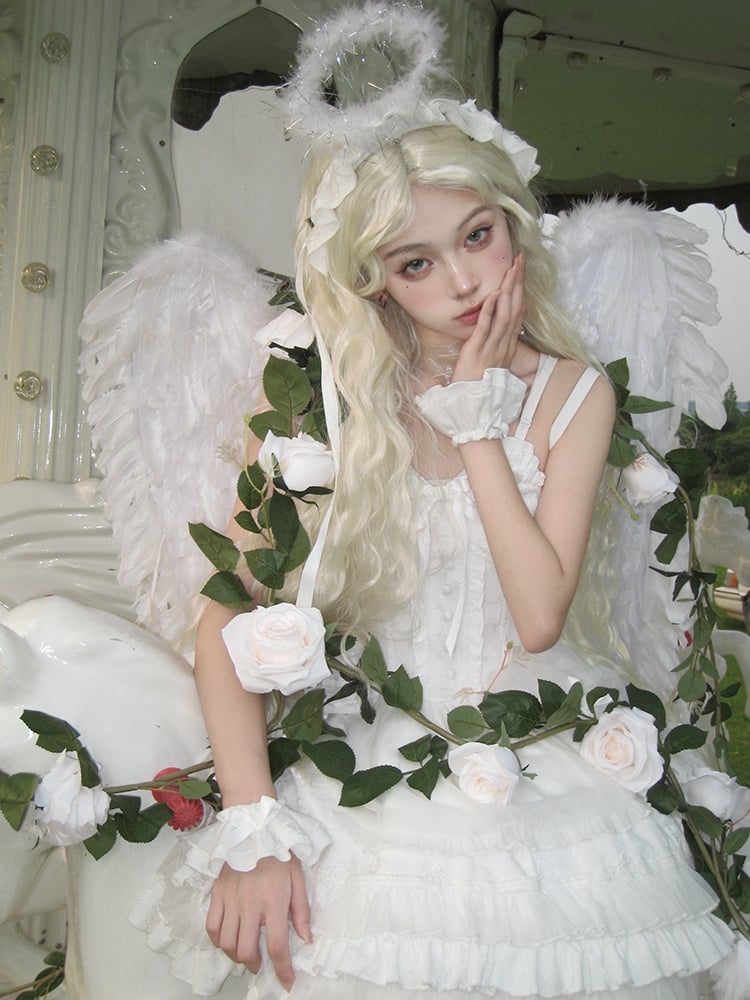 White Sweetheart Neckline Boned Bodice Balletcore Jumper Skirt Tiered Ruffles with Big Bow