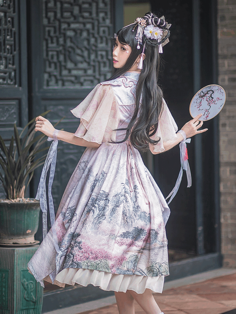 In Stock Mountains-and-waters Painting Print Irregular Hem Chinoiserie Style Short Sleeves One Piece