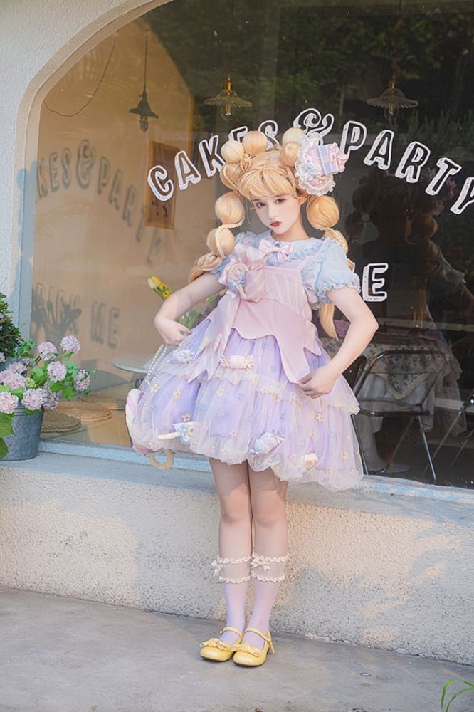Rainbow Candy Stars Print Lollipop Design Lolita JSK+Brooches+Big Bow Train Set