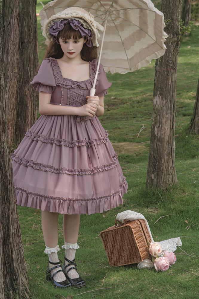 Square Neckline Smocked Elastic Front Bodice Ruffle Hemline Long/Short Sleeves Lolita OP