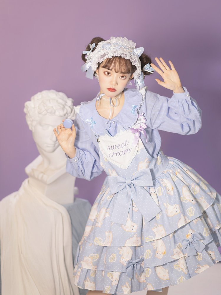 In Stock Kitty Print Bowknot Details Tiered Ruffle Hem Overall Dress