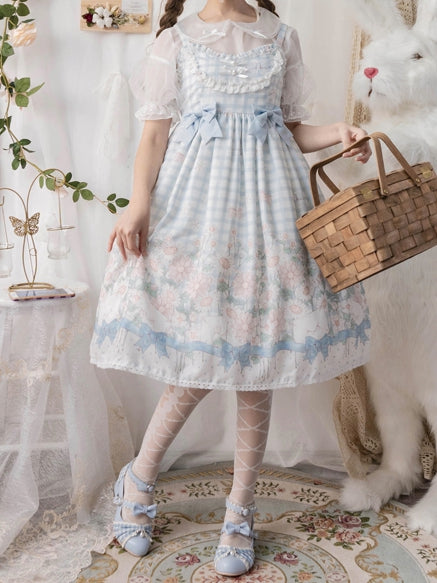 Margaret Floral Print Bowknot Details Gingham Pattern V-neck Jumper Skirt