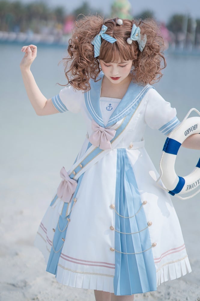 Sea Breeze Light Blue Sailor Collar One Piece High Waist Sweet Dress with Bow Tie and Ribbon