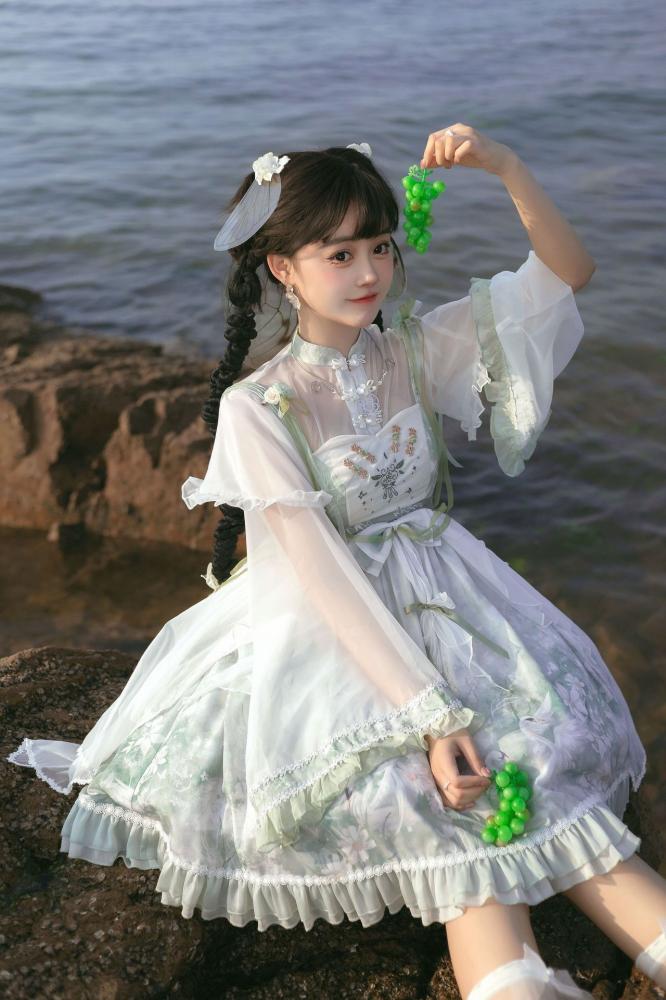 Swan Castle Print Green Qi Style Jumper Skirt/Full Set Embroidery Ruffle Hem