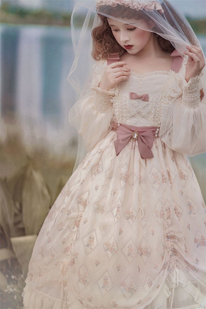 Time Letter Paper Floral Print Bowknot Details Drawstring Ruffle Hem Long Sleeves One Piece