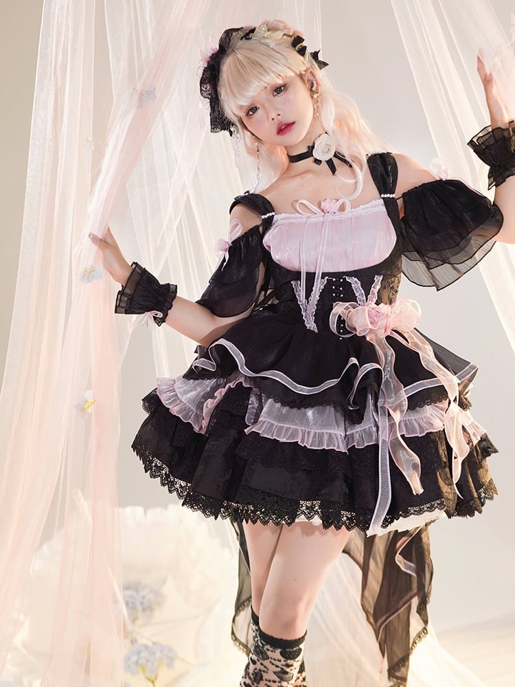 Memoirs of Rose Color Black and Pink Jumper Skirt Lace-up Detail Tiered Skirt and Flounce Hem