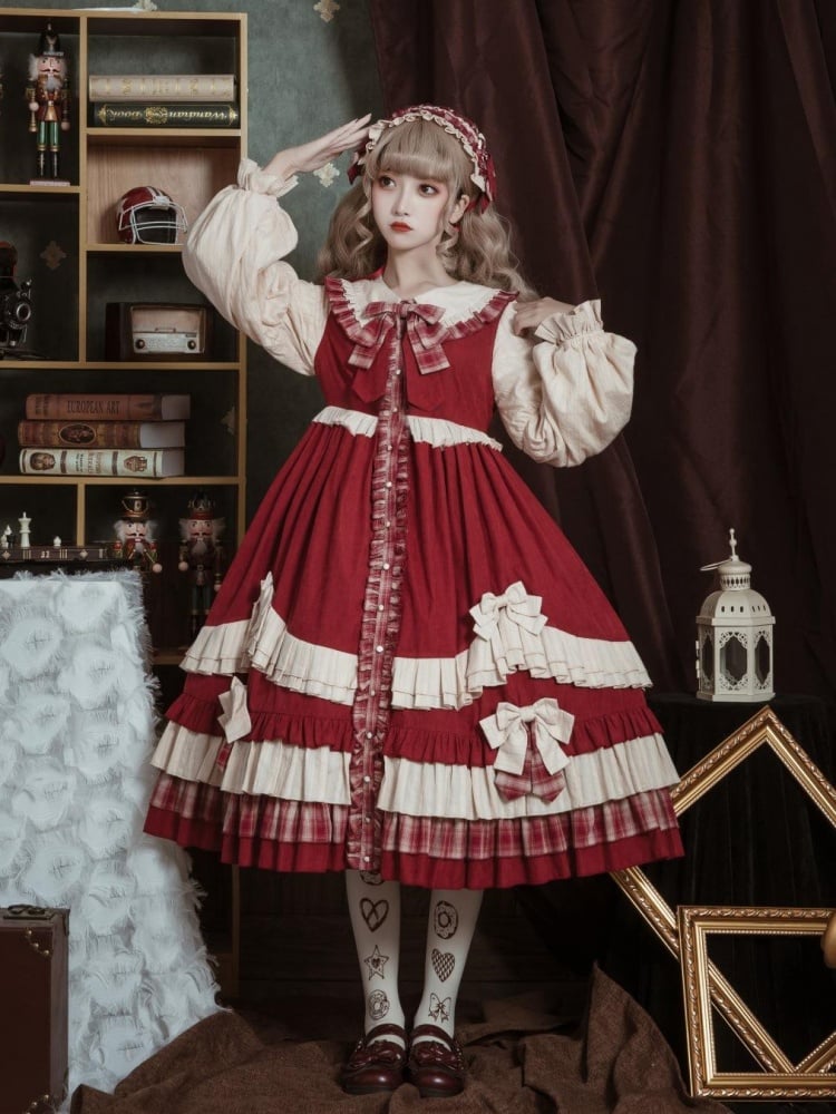 Peter Pan Collar Red Plaid Pattern Bowknot Details Long Sleeves Lolita OP