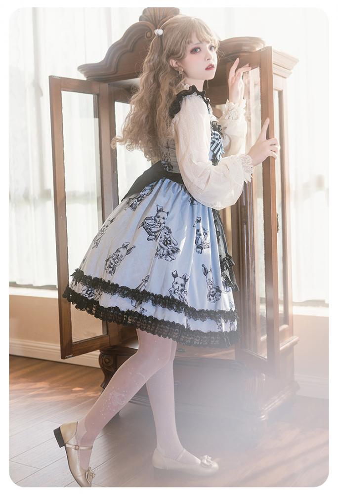 Puppet Rabbit Lace Trim Hemline Fake Two-pieces Design Jumper Skirt