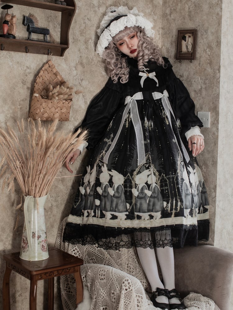 Holy Prayer Color Black Short Version Bunny Print Ruffle Round Neck One Piece