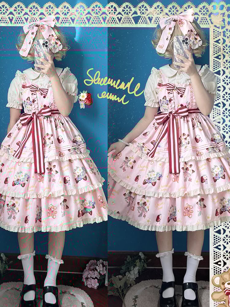 Pink In Stock Strawberry Bear Print Tiered Ruffle Jumper Skirt