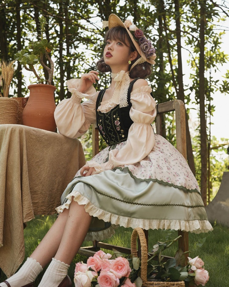 Heidi's Dream Lace-up Detail Ruffle Trim Floral Print Lolita JSK