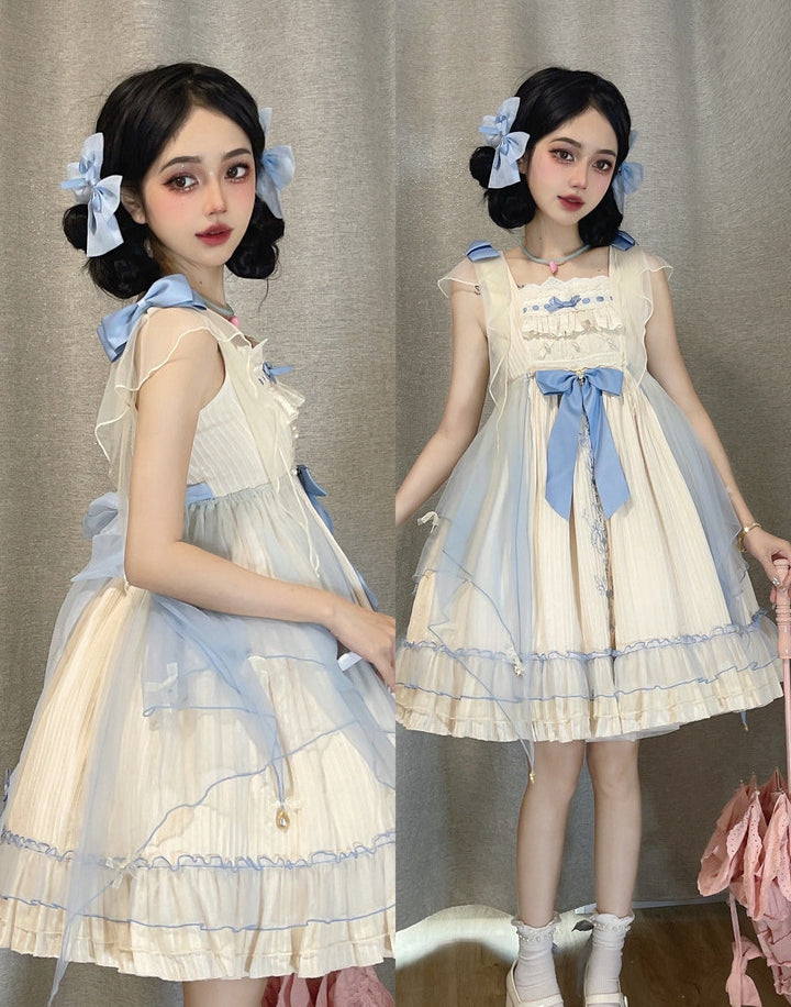 Hebe's Tears Beige and Blue Short/Long Version Square Neckline Jumper Skirt Set