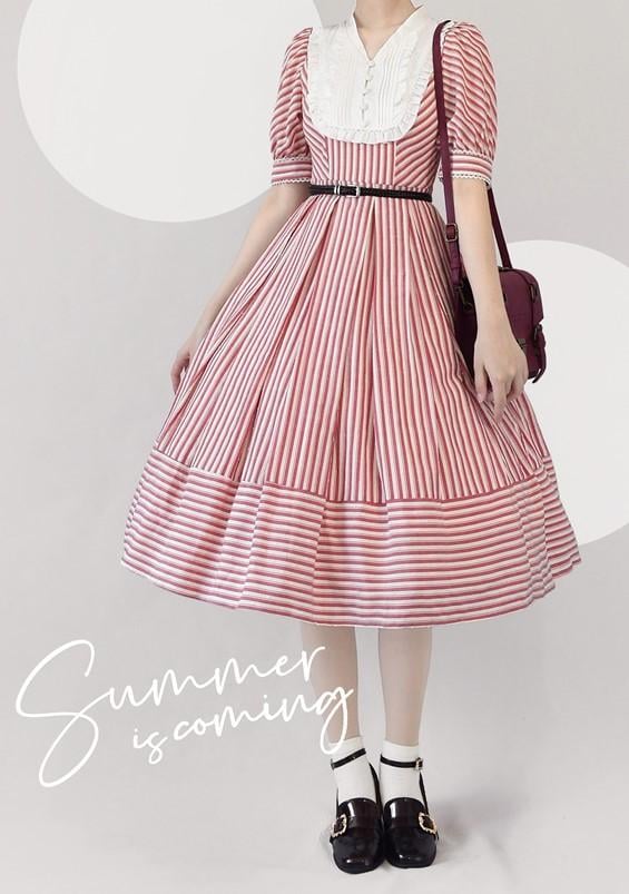 Three Colors Banded Collar Striped Pattern Short Sleeves One Piece