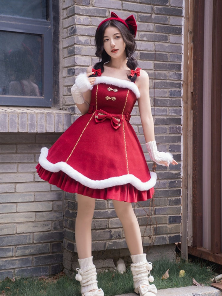 New Year Red and White Plush Trim Flounce Hemline Jumper Skirt