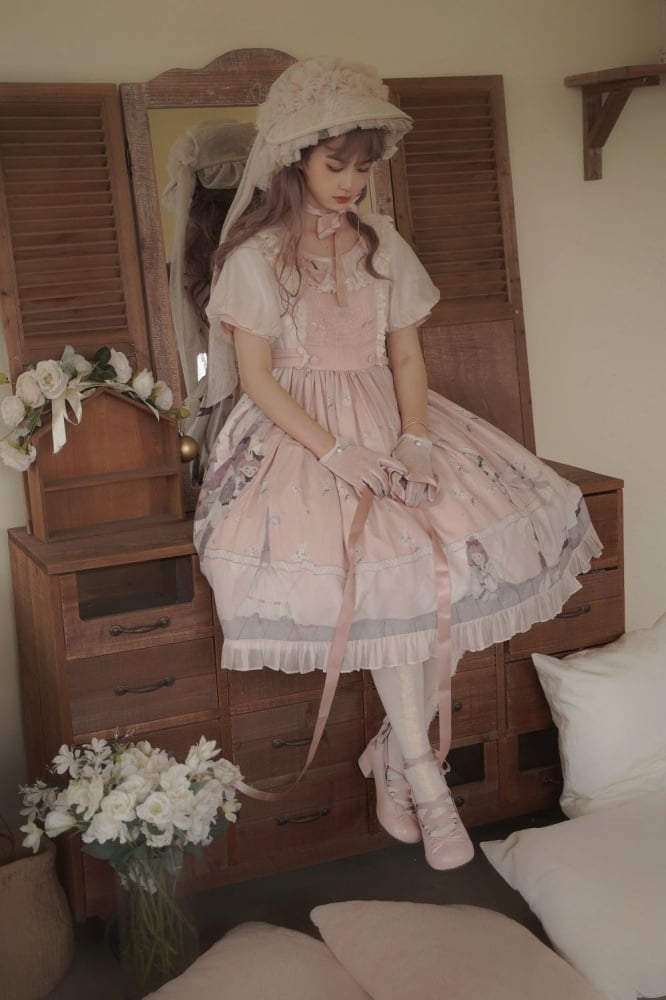 Spring Curtain Country Style Little Girl Print Embroidery Round Neck Bowknot Details Short Sleeves One Piece