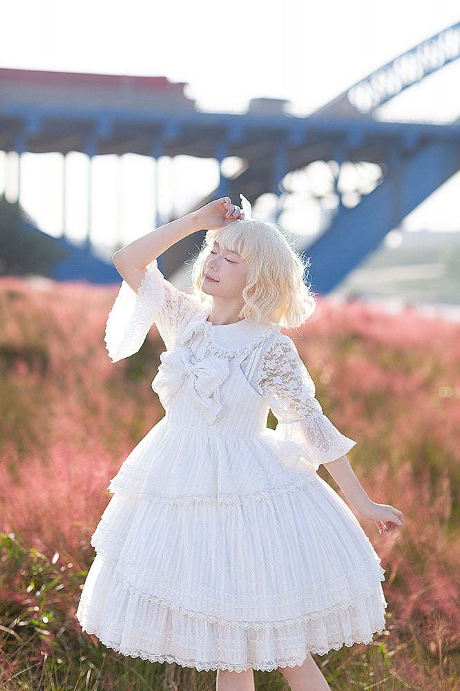 Dawn Tower Color White Big Bow Bodice High Waist Jumper Skirt