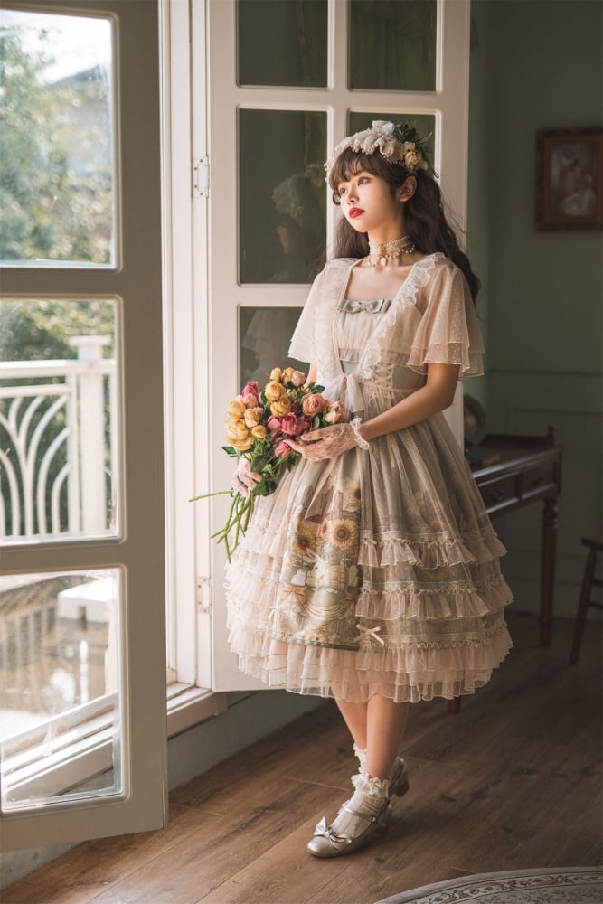 Sunflowers and Bunny Print Spring Jumper Skirt Tulle Overdress Set