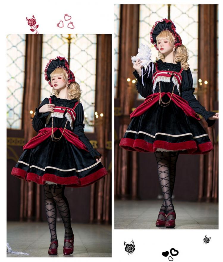 Letter and Poetry Black and Red Plush Hemline Velvet Lolita JSK