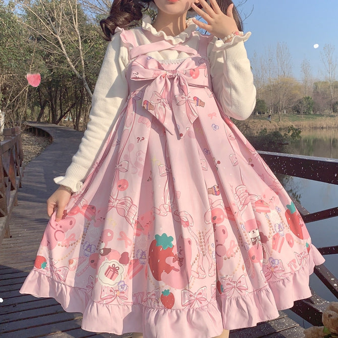 Pink Bear Print Halter Neck Ruffle Hemline Jumper Skirt