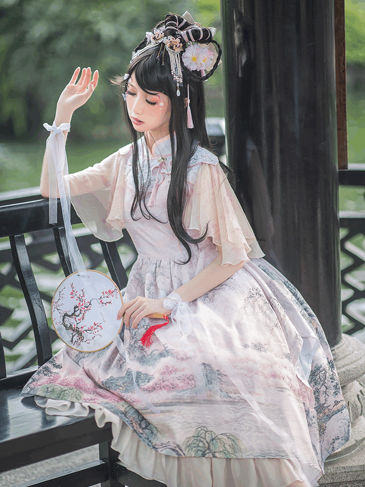 In Stock Mountains-and-waters Painting Print Irregular Hem Chinoiserie Style Short Sleeves One Piece