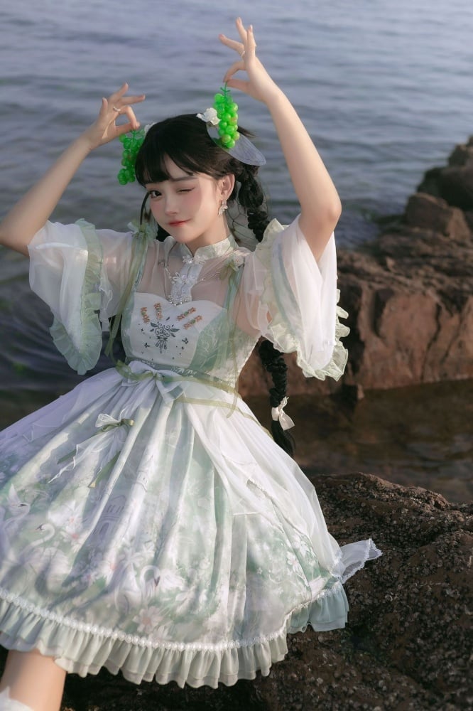 Swan Castle Print Green Qi Style Jumper Skirt/Full Set Embroidery Ruffle Hem